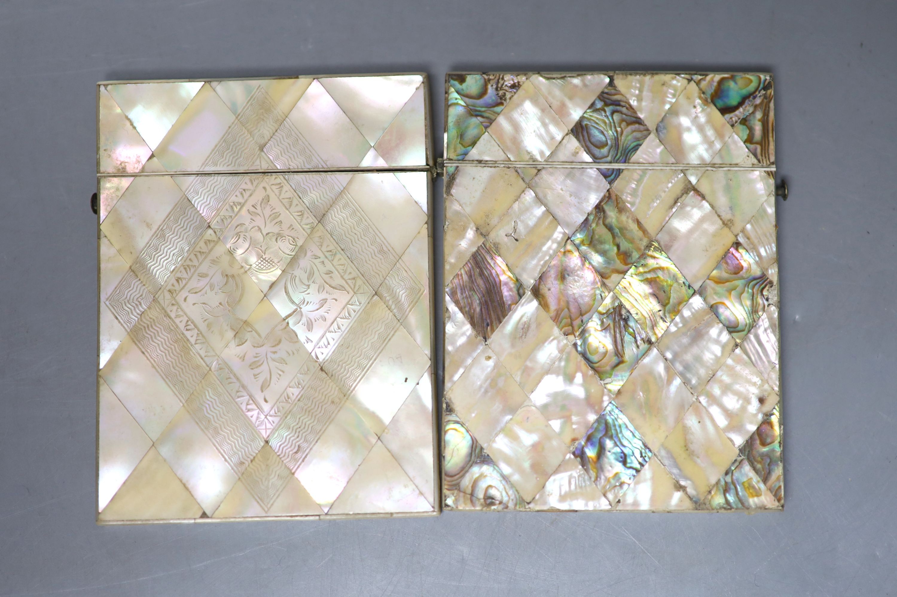 Two Victorian mother of pearl card cases, 10cm high